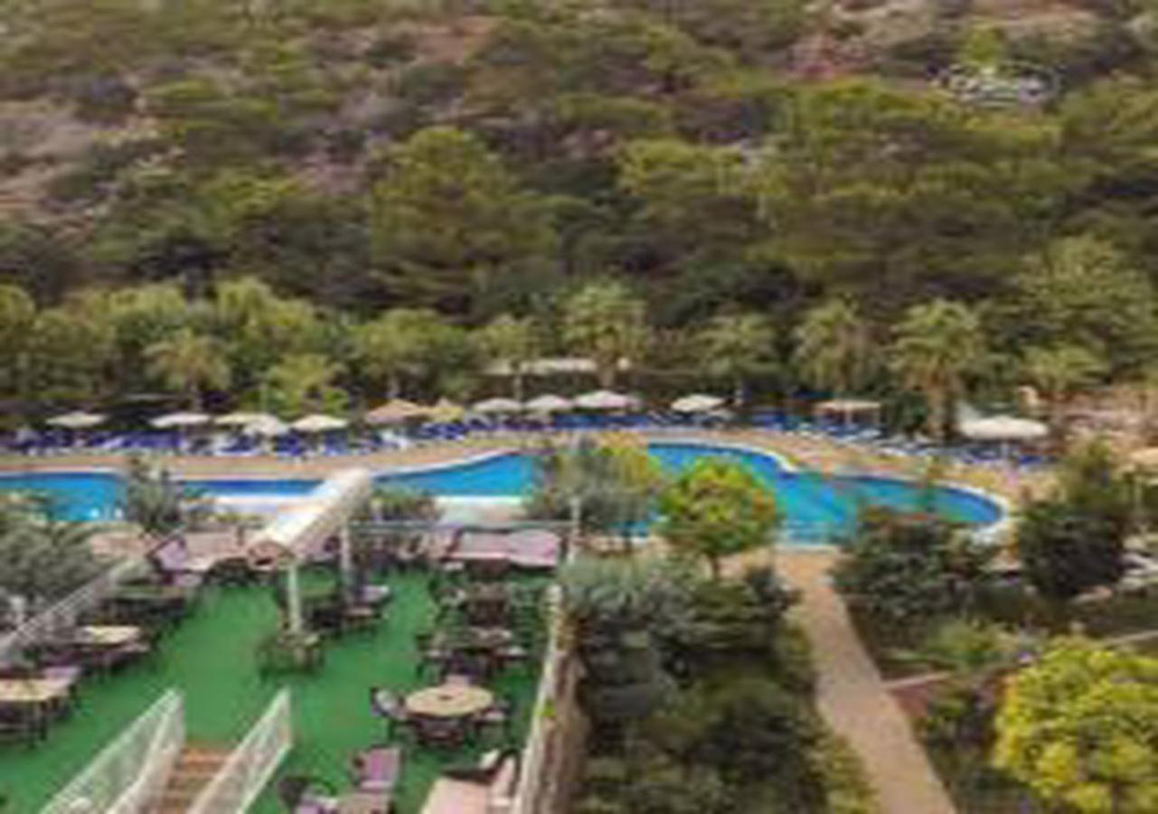 Miramor Hotel & Spa Antalya Extérieur photo The photo shows a scenic view of a resort area featuring a large swimming pool surrounded by lush greenery and trees. Sun loungers are arranged around the pool, and there are tables visible in a dining area. The pool has a curved shape and is complem